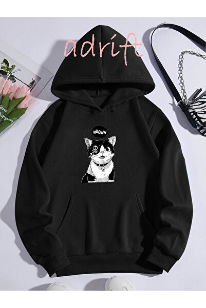 Yasolin Unisex Oversize kroj Sa kapuljačom Kengur džep Mačka Mjau Štampano Crna