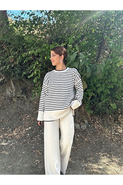 soBasic Велосипедний комір, довгі рукави, смугастий трикотажний комплект-STD - Екрю