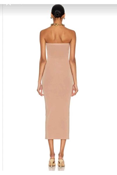 Zagrep Kadın Bej Straplez Astarlı İç Göstermez İpek Jarse Midi Elbise