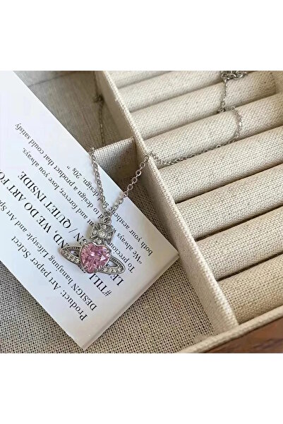 VEGAROKS Pembe Taşlı Planet Satürn Çelik Kolye