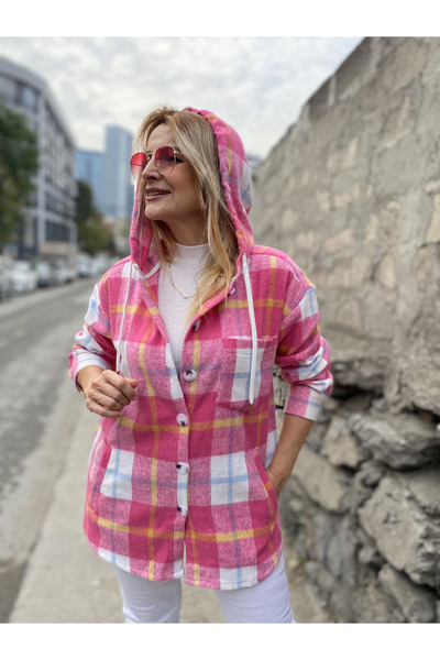MAABMODA KADIN PEMBE EKOSE KAPÜŞONLU OVERSİZE CEPLİ ODUNCU CEKET GÖMLEK