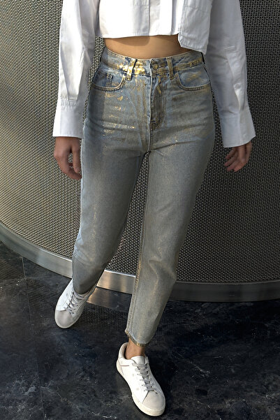 Edit by Trendyol Gray Shiny Metallic Printed High Waist Mom Jeans TWOAW24JE00354