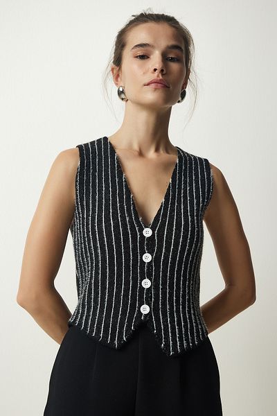 Happiness İstanbul Women's Black Striped Raised Knitwear Vest WF00058