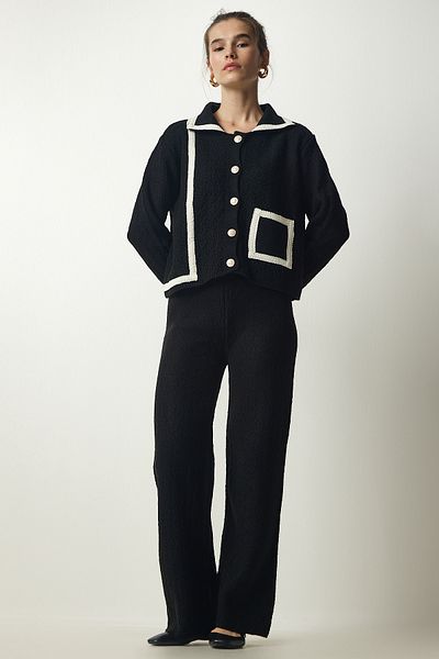 Happiness İstanbul Women's Black Stripe Detailed Knitwear Jacket Trousers Suit WF00061