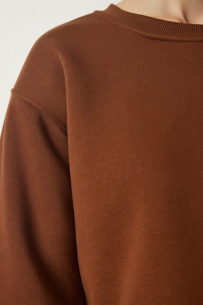 Happiness İstanbul Dámska hnedá pletená mikina s výstrihom BF00085