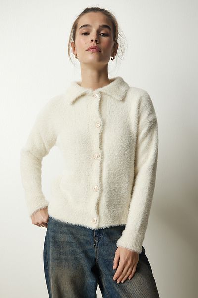 Happiness İstanbul Women's Cream Stylish Buttoned Bearded Knitwear Cardigan NF00075