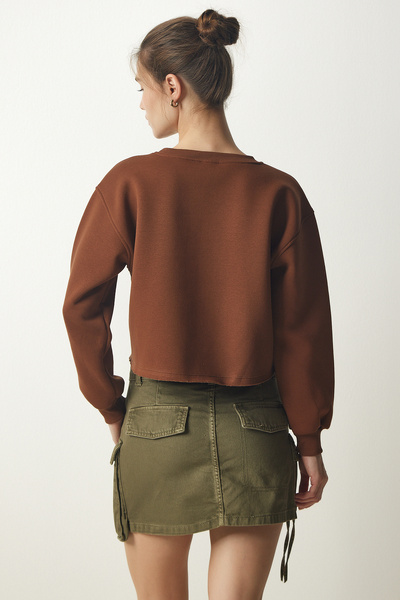 Happiness İstanbul Dámska hnedá pletená mikina s výstrihom BF00085