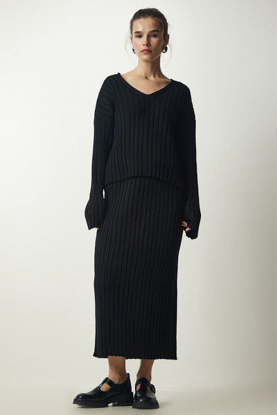 Happiness İstanbul Woman's Black Ribbed Sweater Skirt Knitwear Set YY00188