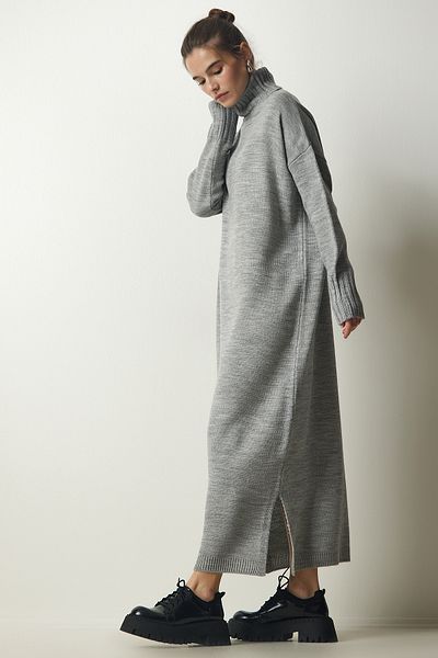 Happiness İstanbul Women's Gray Turtleneck Slit Oversize Knitwear Dress PF00042