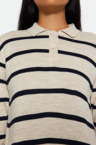 Trendyol Modest Indigó póló galléros csíkos kötöttáru ruha TCTAW22EB0212