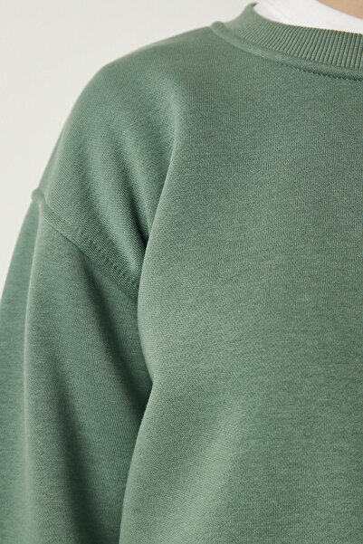 Happiness İstanbul Γυναικείο πλεκτό φούτερ με πράσινο Crew Raised Crop BF00085