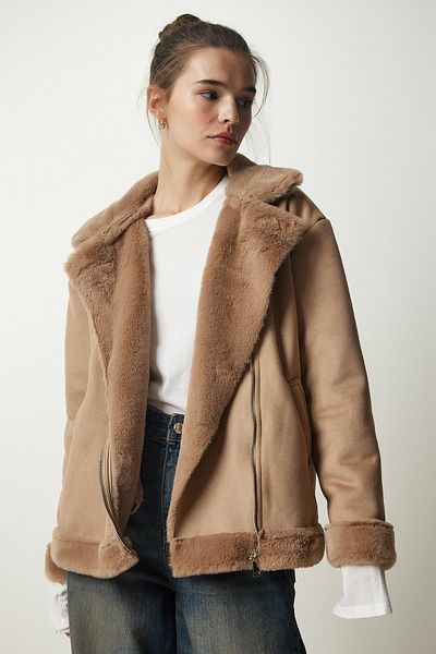 Happiness İstanbul Beigefarbener Pelzmantel aus Nubukleder für Damen RV00155
