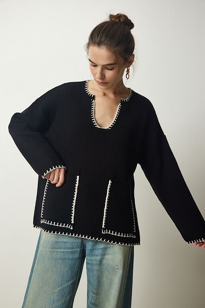 Happiness İstanbul Women's Black Stitching Detailed Pocket Knitwear Sweater PF00047