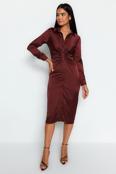 Trendyol Collection Καφέ Φόρεμα σατέν υφαντό Bodycon TWOAW24EL00690