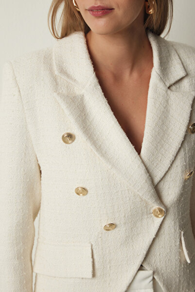 Happiness İstanbul Dámská ecru asymetrická detailní Crop tweed bunda TO00122