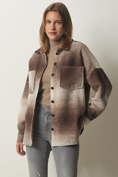 Happiness İstanbul Dámská hnědá bunda Lumberjack Oversize Stamp Shirt Jacket TU00035