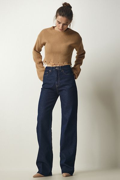 Happiness İstanbul Women's Navy Blue High Waist Straight Leg Denim Trousers CB00016