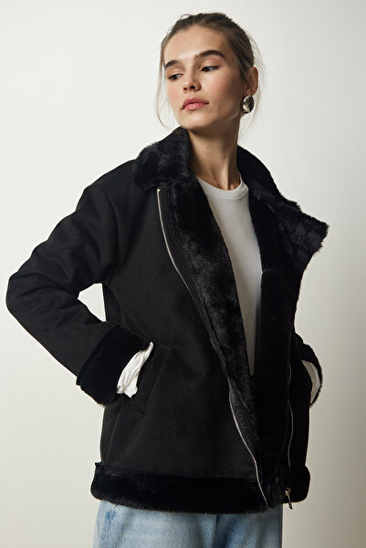 Happiness İstanbul Dámský černý chlupatý nubukový kabát RV00155