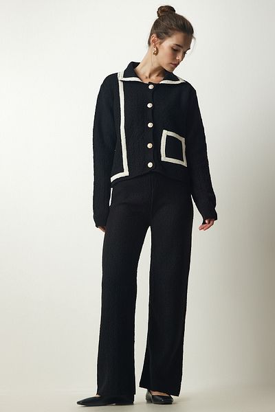 Happiness İstanbul Women's Black Stripe Detailed Knitwear Jacket Trousers Suit WF00061