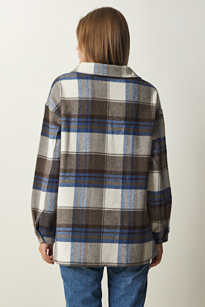 Happiness İstanbul Dámská hnědá tmavě modrá bunda Lumberjack Stamp Shirt DD01275