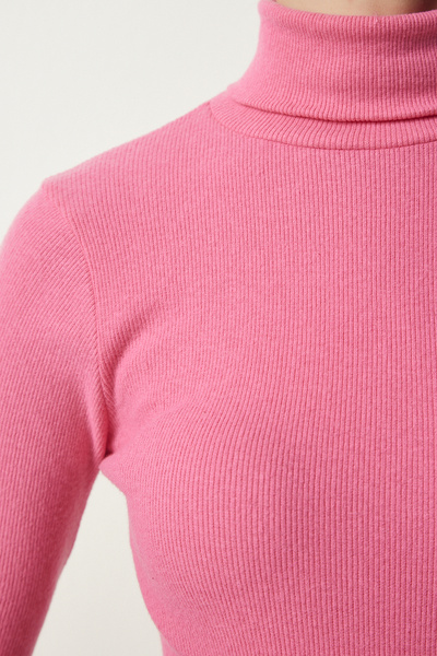 Happiness İstanbul Γυναικεία πλεκτή μπλούζα με κορδόνι σε ροζ ζιβάγκο HJ00008