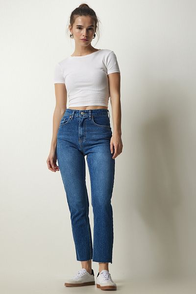 Happiness İstanbul Pantaloni de denim albaștri cu talie înaltă de damă CB00015