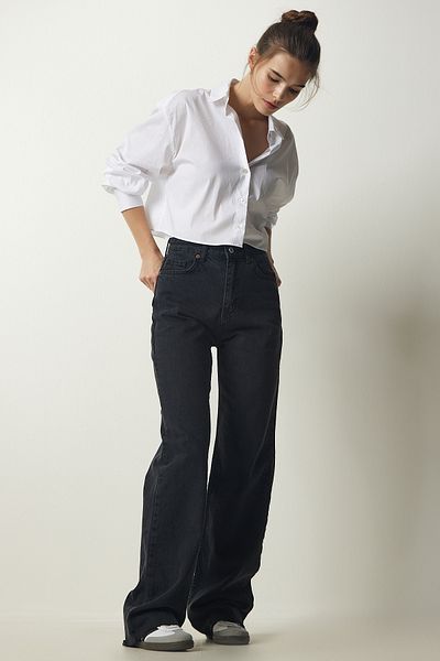 Happiness İstanbul Women's Black High Waist Straight Leg Denim Trousers CB00016