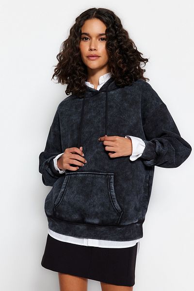 Trendyol Collection Плетен суичър с качулка и качулка с дебел полар с ефект на антрацит TWOAW24SW00103