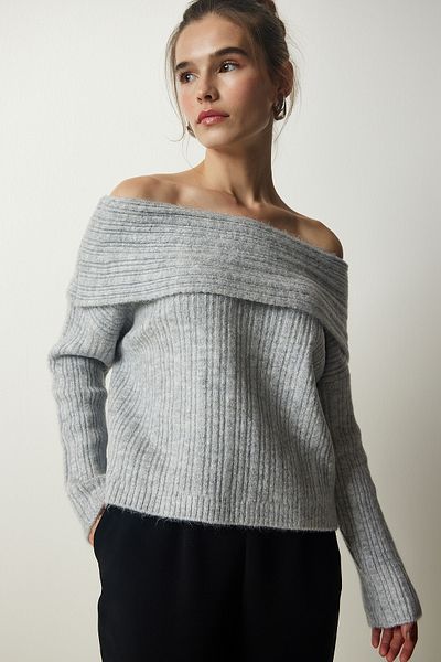Happiness İstanbul Grauer Madonna-Kragen-Strickpullover für Damen PF00049