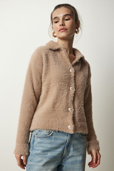 Happiness İstanbul Women's Beige Stylish Buttoned Bearded Knitwear Cardigan NF00075