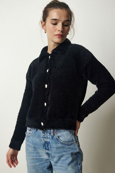 Happiness İstanbul Women's Black Stylish Buttoned Bearded Knitwear Cardigan NF00075
