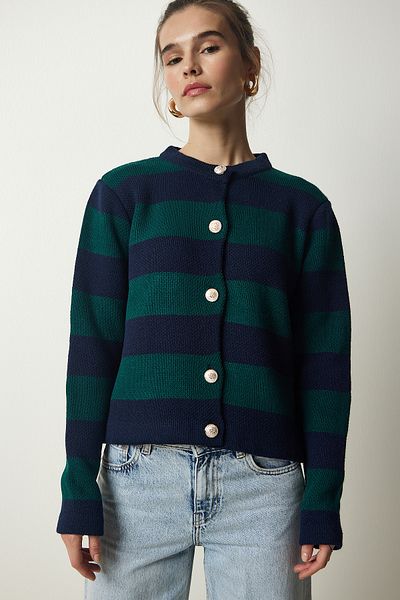 Happiness İstanbul Women's Navy Blue Green Stylish Buttoned Striped Knitwear Cardigan NF00078