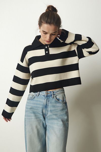 Happiness İstanbul Women's Black Cream Stylish Buttoned Collar Striped Crop Knitwear Sweater BV00115