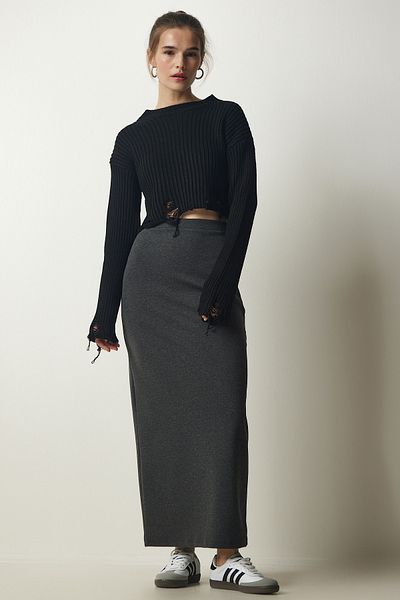 Happiness İstanbul Anthrazitfarbener Basic-Langer Rock für Damen, ub00174