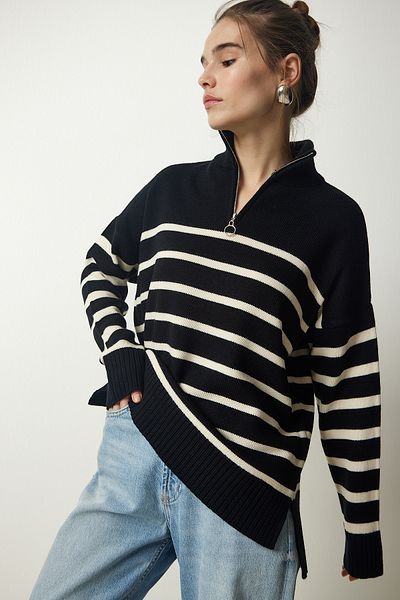 Happiness İstanbul Schwarz-weißer Strickpullover mit Revers und Reißverschluss für Damen, gestreift PF00045