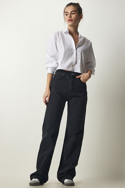 Happiness İstanbul Women's Black High Waist Straight Leg Denim Trousers CB00016