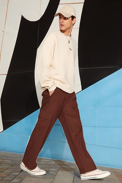Trendyol Collection Wide Leg 100% Cotton Brown Parachute Trousers - TMNAW24PL00001