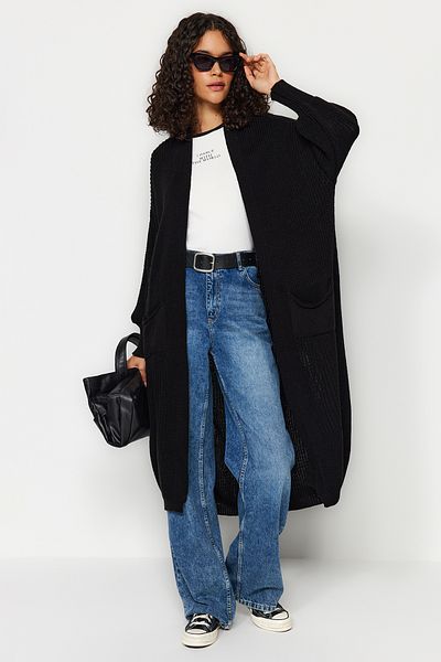 Trendyol Collection Schwarzer Maxi Basic Strick-Cardigan