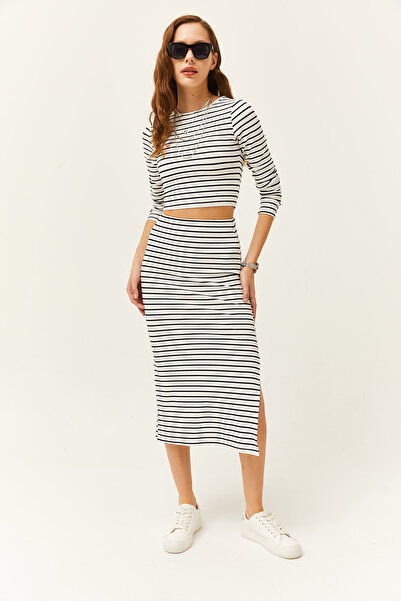 Olalook Women's Black and White Slit Skirted Bottom and Top Set TKM-19000234