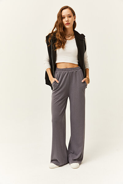 Olalook Kadın Gri Cepli Bol Paça Palazzo Pantolon PNT-19000247