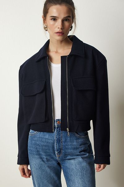 Happiness İstanbul Women's Dark Navy Premium Wide Pocket Bomber Jacket FN03158