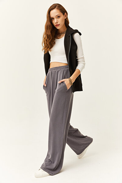 Olalook Kadın Gri Cepli Bol Paça Palazzo Pantolon PNT-19000247