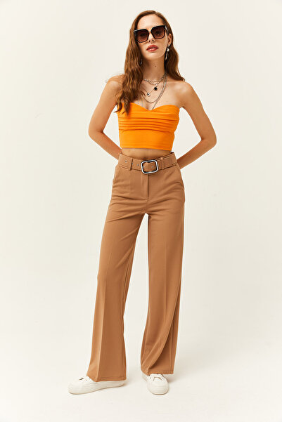 Olalook Kadın Vizon Metal Toka Kemerli Scuba Krep Palazzo Pantolon PNT-19000208