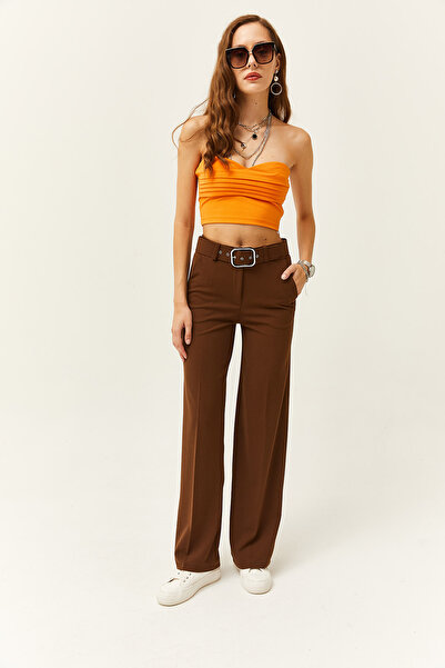 Olalook Kadın Kahverengi Metal Toka Kemerli Scuba Krep Palazzo Pantolon PNT-19000208