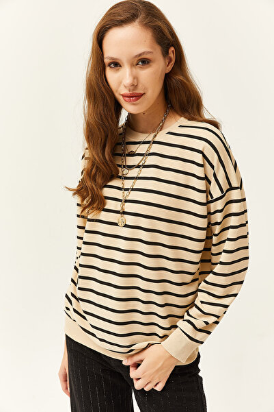 Olalook Kadın Taş Siyah Basic Yumuşak Dokulu Salaş Sweatshirt SWT-19000457