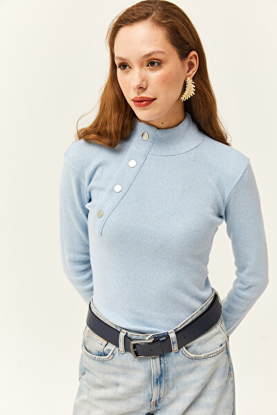 Olalook Dámská Baby Blue Button Detailní Polovina Fisherman Lycra halenka BLZ-19001608