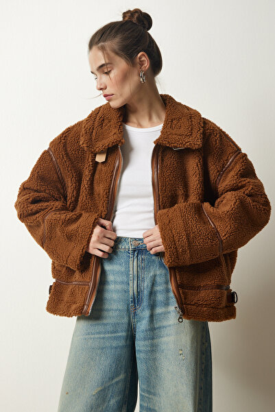 Happiness İstanbul Dámská hnědá motorkářská bunda z umělé kožešiny FN03153