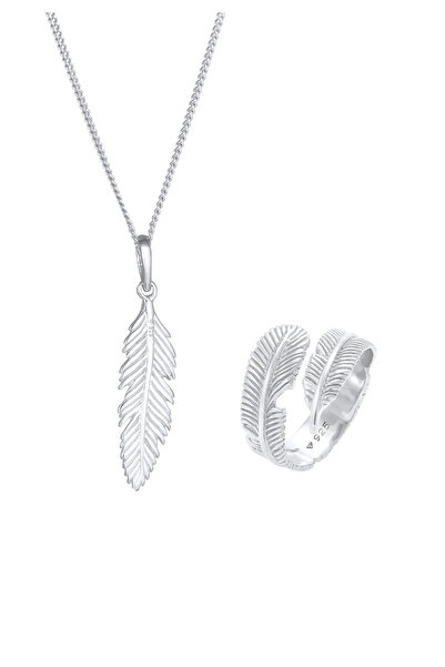 ELLI Schmuckset Feder Boho Festival Kette Wickelring 925 Silber