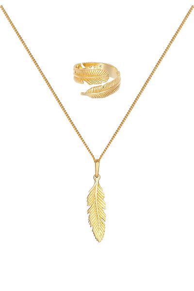 ELLI Schmuckset Feder Boho Festival Kette Wickelring 925 Silber