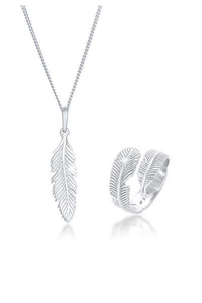 ELLI Schmuckset Feder Boho Festival Kette Wickelring 925 Silber